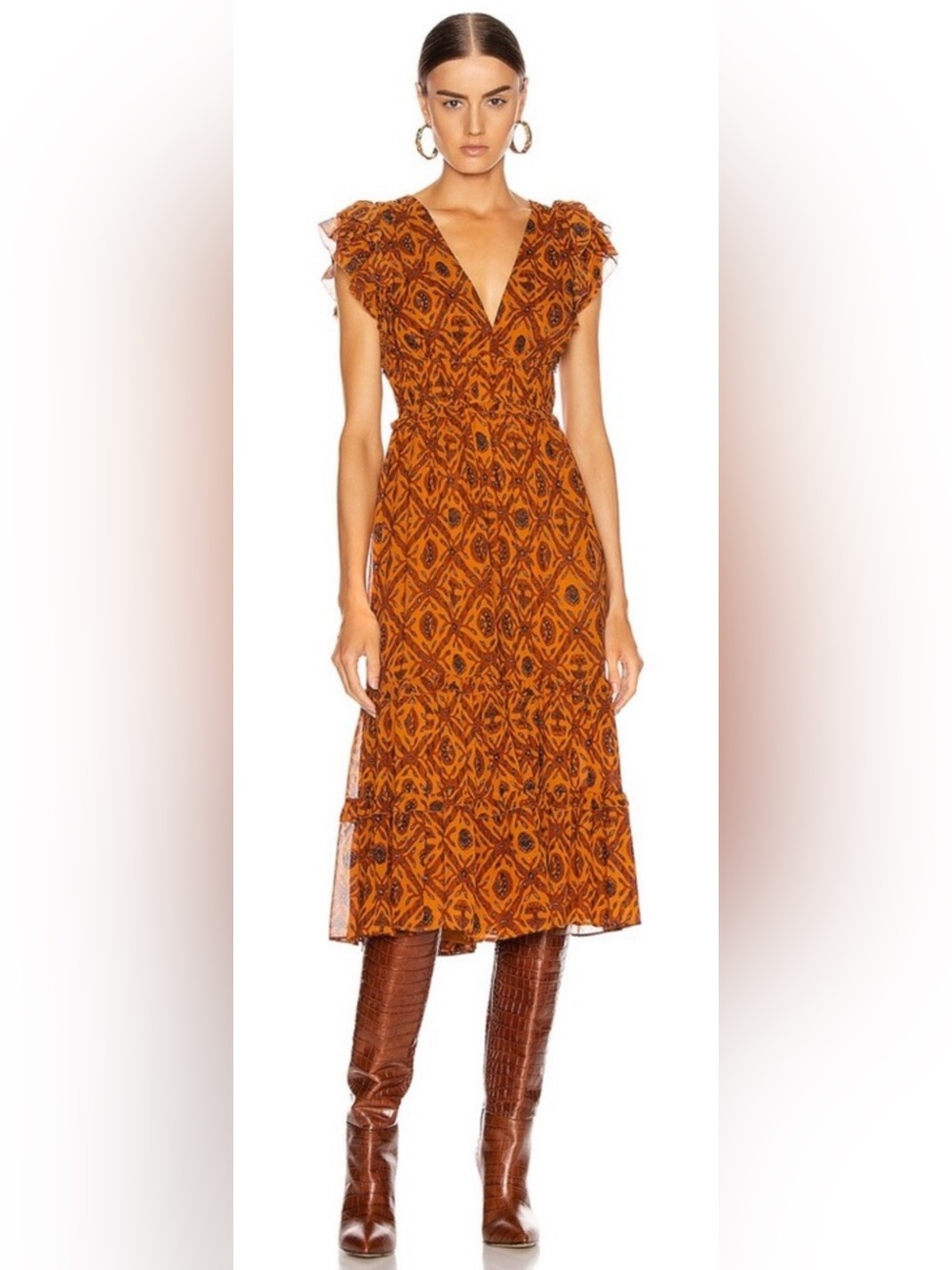 Ulla Johnson Anika Silk Midi Dress Size 6 Rust Orange Ruffle V Neck